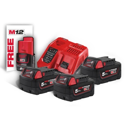 Енергокомплект Li-Ion MILWAUKEE, M18 NRG-503 (зарядний пристрій M12-18FC, 3 акумулятори M18 В5 5Аг) + подарунок акумулятор M12 B
