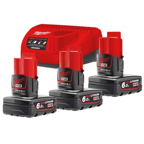 Енергокомплект Li-Ion MILWAUKEE, M12 NRG-603 (зарядний пристрій С12 С, 3 акумулятори М12 В6 6Аг, картонне пакування)
