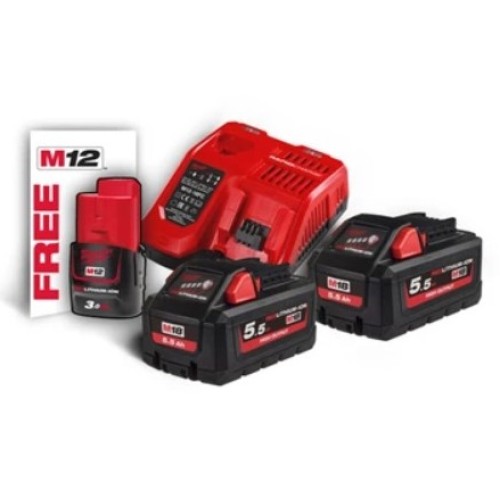 Енергокомплект Li-Ion MILWAUKEE, M18 HNRG-552 (зарядний пристрій M12-18FC, 2 акумулятори М18 HВ5.5 5,5Аг, картонне пакування) +
