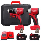 Набір з 2х інструментів акумуляторних безщіткових MILWAUKEE, M18 BLCPP2B-402C (зарядний пристрій М12-18С, 2 акумулятори М18 В4 4