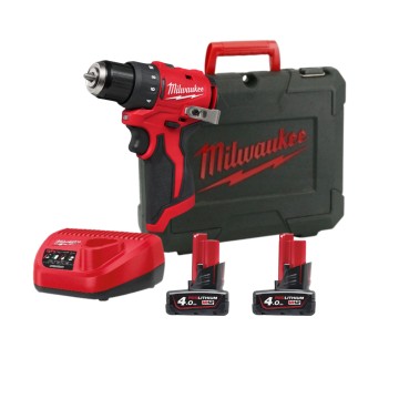 Дриль-шурупокрут акумуляторний MILWAUKEE M12 BLDDRC-402C, 40Нм (зарядний пристрій С12, 2 акумулятори М12 В4 4Аг, кліпса для реме