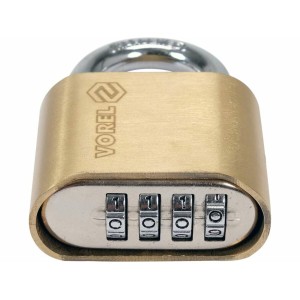 Замок навісний з кодовим замиканням VOREL: латунний корпус- 50х 40 х25 мм, сталева дуга- 23х25х 8 мм