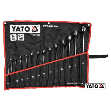 Ключі ріжково-накидні, кручені 90° YATO : М= 10-32 мм, Cr-V, 14 шт [4]