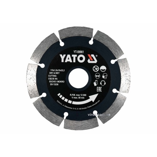 Диск відрізний алмазний по каменю і бетону YATO Ø=115x1.8x10x22.2 мм, в мокрому і сухому режимі [20]