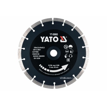 Диск відрізний алмазний по каменю і бетону YATO Ø=230x2.2x10x22.2 мм, в мокрому і сухому режимі [25]