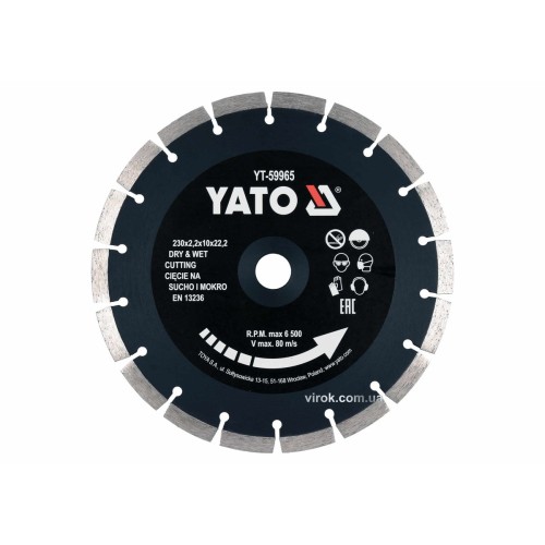 Диск відрізний алмазний по каменю і бетону YATO Ø=230x2.2x10x22.2 мм, в мокрому і сухому режимі [25]