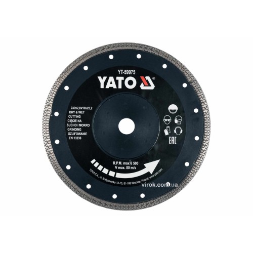 Диск відрізний алмазний по гресу, склу, кераміці YATO Ø=230x2x10x22.2 мм, в мокрому і сухому режимі