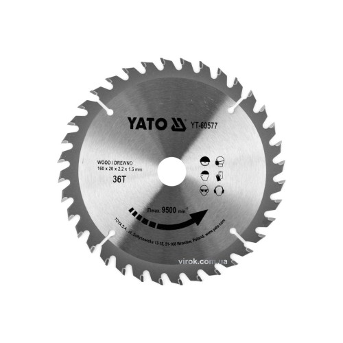 Диск пиляльний победітовий по дереву YATO: 160x20x2.2x1.5 мм, 36 зубців, R.P.M до 9500 1/хв [25/50]