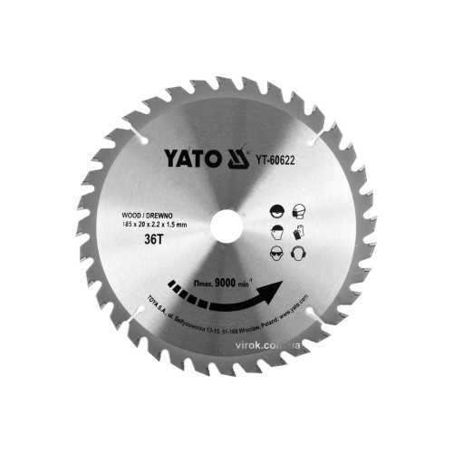 Диск пиляльний победітовий по дереву YATO: 185x20x2.2x1.5 мм, 36 зубців, R.P.M до 9500 1/хв [25/50]