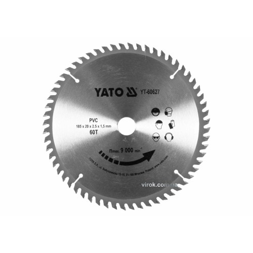 Диск пиляльний по ПВХ YATO: Ø=185х2.5x20 мм, 60 зубців, R.P.M до 9000 1/хв [25/50]