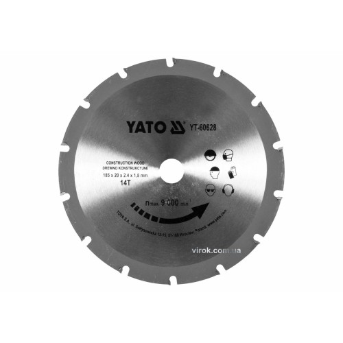 Диск пиляльний по дереву з цвяхами YATO: Ø= 185х2.4x20 мм, 14 зубців, R.P.M до 9000 1/хв [25/50]
