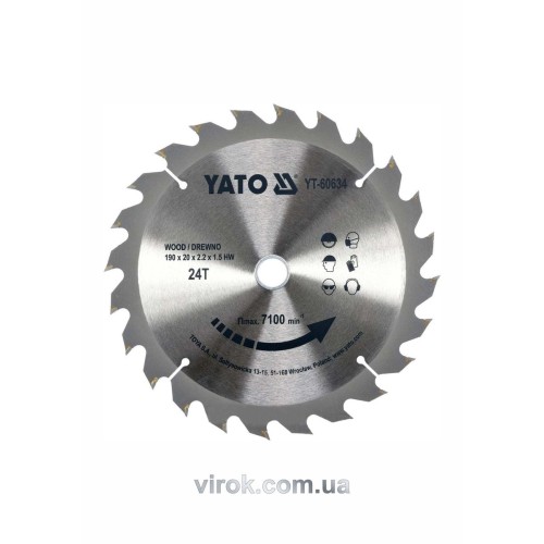 Диск пиляльний победітовий по дереву YATO: 190х20x2.2x1.5 мм, 24 зубці, R.P.M. до 7100 1/хв [10]