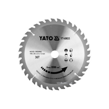 Диск пиляльний победітовий по дереву YATO: 190x20x2.2x1.5 мм, 36 зубців, R.P.M до 8500 1/хв [10/20]