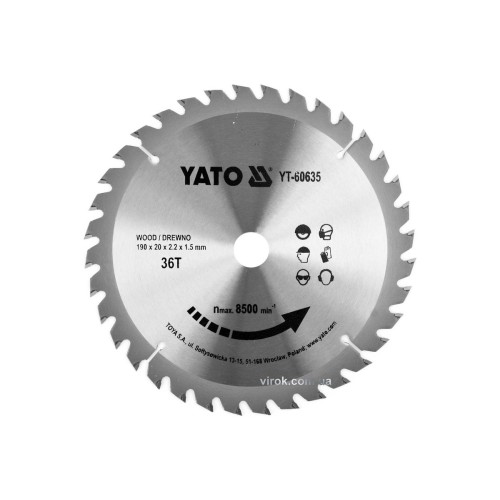 Диск пиляльний победітовий по дереву YATO: 190x20x2.2x1.5 мм, 36 зубців, R.P.M до 8500 1/хв [10/20]