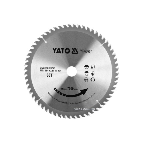 Диск пиляльний победітовий по дереву YATO: 235x25.4x2.8x1.8мм, 60 зубців, R.P.M до 7000 1/хв [10/20]