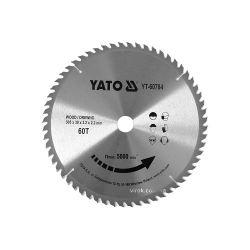 Диск пиляльний победітовий по дереву YATO: 305x30x3.2x2.2 мм, 60 зубців, R.P.M до 5000 1/хв [10]